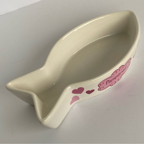 Cat Bowl Fish Shaped Ceramic “Pampered” White Pink. 8” Long Water Food Kitty - Picture 14 of 14